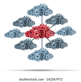 Cloud network technology concept with a group of three dimensional gears and cog wheels connected together as an icon of internet application and digital data storage on a white background.