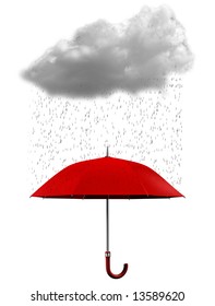 A Cloud, Rain And An Umbrella On White Background - Rendered In 3d