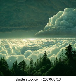 A cloud sea by the cliff in the forest.