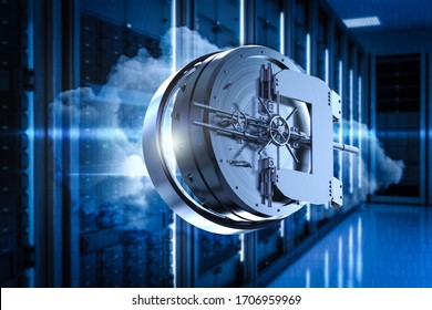 Cloud Security Concept With 3d Rendering Bank Vault On  Cloud In Server Room