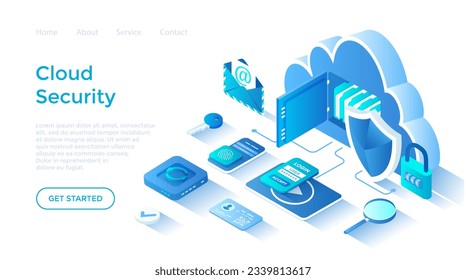 Cloud Security and Data Protection. Online safety, confidentiality of information. Cloud storage, password, lock. Isometric illustration. Landing page template for web on white background.