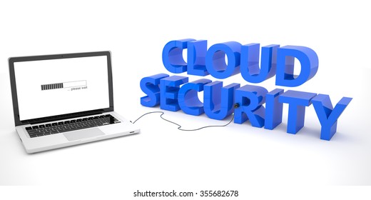 Cloud Security - laptop notebook computer connected to a word on white background. 3d render illustration.