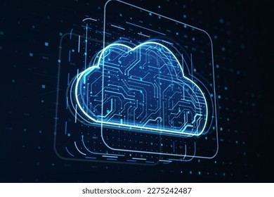 Cloud service and data exchange technology concept with perspective view on digital cloud symbol made from microcircuit on dark technological background. 3D rendering