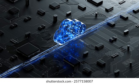 Cloud shape on circuit board symbolizes cloud computing technology and network security concept. 3D rendering, conceptual image.