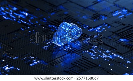 Cloud shape on circuit board symbolizes cloud computing technology and network security concept. 3D rendering, conceptual image.
