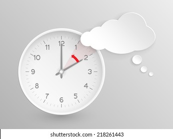 Cloud shaped speech bubble and clock with hands at 2 o'clock and an red arrow symbolizing the hour backward to 1 o'clock for the change of time in autumn, fall in  America on silver background. - Powered by Shutterstock