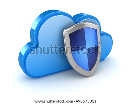 Cloud with shield , This is a 3d rendered computer generated image. Isolated on white.