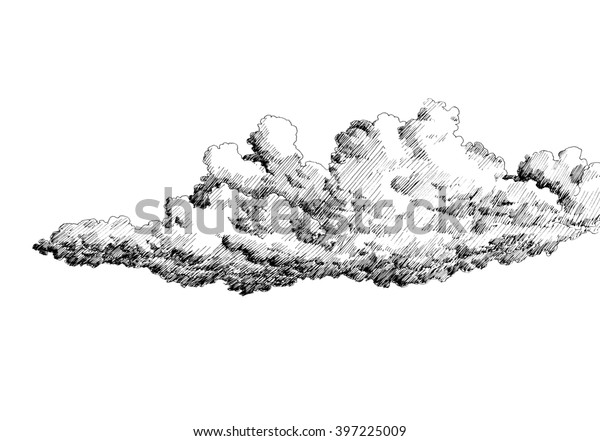 空に雲 白黒の破線スケッチ 線画 ペンとインクで描く レトロなビンテージ画像 のイラスト素材