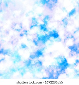 Cloud Sky Seamless Pattern. Universe Space Galaxy Repeat Bright Marble Abstract Liquid Background Texture. Fluid Trendy Design. Modern Cosmos Colorful Painting Illustration Wallpaper In Blue