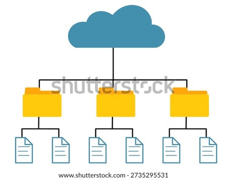Cloud storage concept showing folder hierarchy for document management, digital archive, and organized file system.