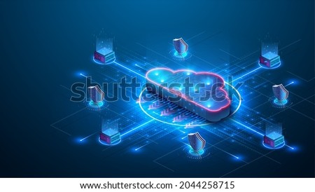 Cloud storage. A digital service or application that transfers data to a server or hosting service. Data transfer protection and data center connection network. Web-based cloud.  illustration