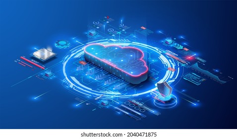 Cloud storage for downloading an isometric. A digital service or application with data transmission. Network computing technologies. Futuristic Server. Digital space. Data storage.   illustration