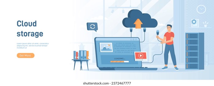 Cloud storage, Internet hosting provider. Man uploads data to cloud service, sync or makes backup. Flat concept great for social media promotional material. Website banner on white background.