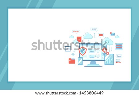 Cloud Storage. Online cloud computing, network hosting, services. Computer, phone, tablet, server, personal information, clouds.  landing page template or web banner. Raster version 