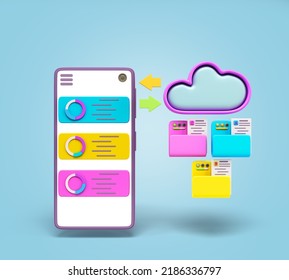 Cloud Storage Sync Concept Smartphone With File Folders On Screen 3d Render On Blue Gradient