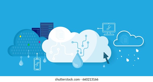 Cloud Storage Web Banner In Flat Style. Information Sharing And Saving. Servers, Users, Drops, Computer Networks,media Icons. Illustration For Video Presentation Or Corporate Ad Animation Clip.