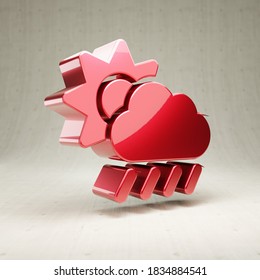 Cloud Sun Rain icon. Red glossy Cloud Sun Rain symbol isolated on white concrete background. Modern icon for website, social media, presentation, design template element. 3D render.