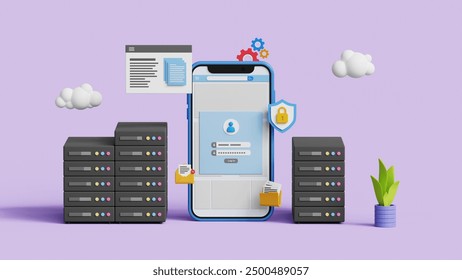 Cloud system concept. Data center, data storage, cloud storage, cloud hosting computing technology. 3D smartphone with cloud data storage log in page