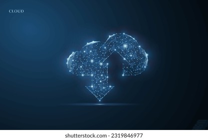 Cloud technologies composed of dots and grid. Wireframe cloud storage sign with two up and down arrows on a dark blue background. Cloud computing, data center, infrastructure of the future, digital AI