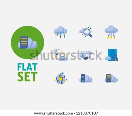 Cloud technology icons set. Search and cloud technology icons with secure account, data storage and cloud connection. Set of display for web app logo UI design.