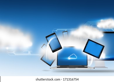 Cloud Technology and Media Concept Illustration. Modern INternet Enable Devices Connected to Cloud Hosting.