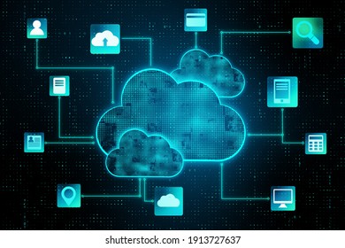 Cloud Technology Service Concept: Digital Interface With Cloud Elements, And Service Function Signs. 3D Rendering