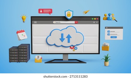 Cloud Technology and Smart Solutions. Platform as a Service, PaaS, Digital Infrastructure, Secure Data Storage and IT Management. Cloud Computing concept on a Computer. 3D Illustration