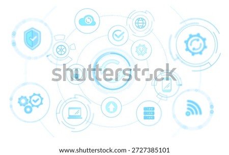 Cloud technology synchronization concept with futuristic gear, upload, security, and device icons in a creative graphic style on a blurred background. 3D Rendering