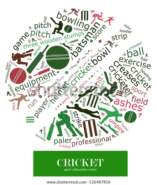Cloud word of cricket game element and\
related keyword together with silhouette of several cricket actions\
composed in the shape of cricket\
ball