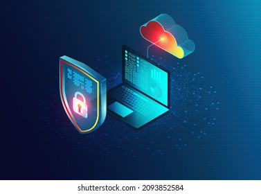 Cloud-based Cybersecurity Software - Endpoint Security Solutions Concept with Virtual Shield and Laptop Connected to the Digital Cloud - 3D Illustration