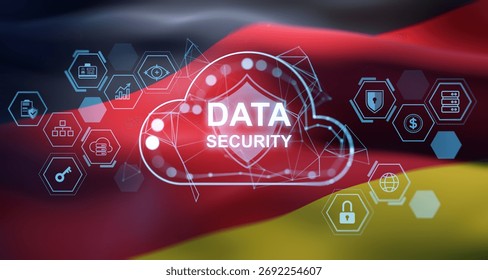 Cloud-based data security concept with glowing shield and technology icons in double exposure over German flag background. 3D Rendering