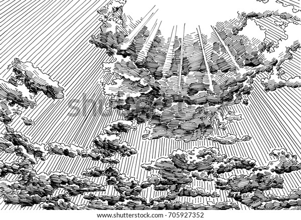 太陽の光で曇った空の景色 白黒の破線スケッチ 線画 ペンとインクで描く のイラスト素材 Shutterstock