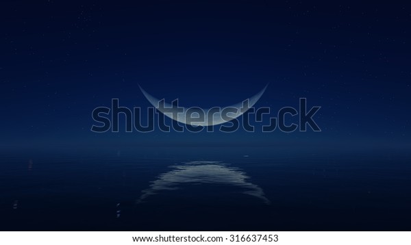 Cloudless night with fantastic big crescent above\
mirror water surface. Realistic 3D illustration was done from my\
own 3D rendering\
file.