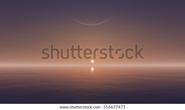 Cloudless sky with a rising sun and crescent above\
mirror water surface. Realistic 3D illustration was done from my\
own 3D rendering\
file.