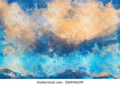 Clouds In The Blue Sky. Orange Sunset Rays Reflected On White Clouds. Digital Watercolor Painting. Modern Art.