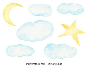 Clouds and heavenly bodies hand drawn raster illustration. Crescent, half moon and star, night sky elements watercolor collection. Aquarelle celestial bodies isolated on white background