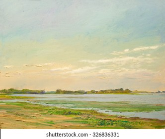 Clouds Illuminated By The Sun Over The River In The Desert, Painting Oil On Canvas