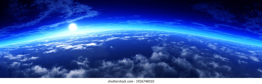 Clouds from low orbit, earth from orbit at sunrise, panorama of clouds at sunset, 3d rendering
