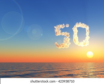 clouds makes the shape of number fifty over water - 3d illustration