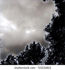Clouds With Trees In Foreground In Black And White