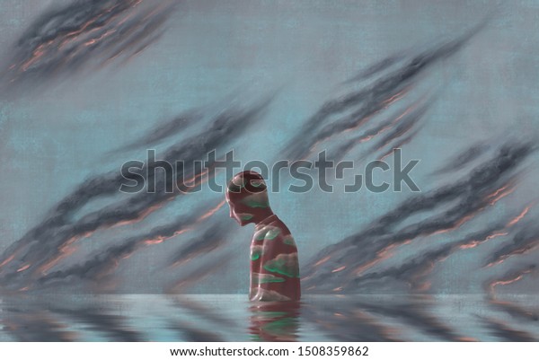 Cloudy lonely man in water with black cloudy\
sky, depression, loneliness, emotion, failure, hopeless,\
imagination, fantasy painting, surreal\
illustration