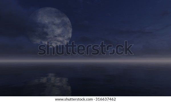 Cloudy night sky with a big full moon\
obscured by clouds above water surface. Realistic 3D illustration\
was done from my own 3D rendering\
file.