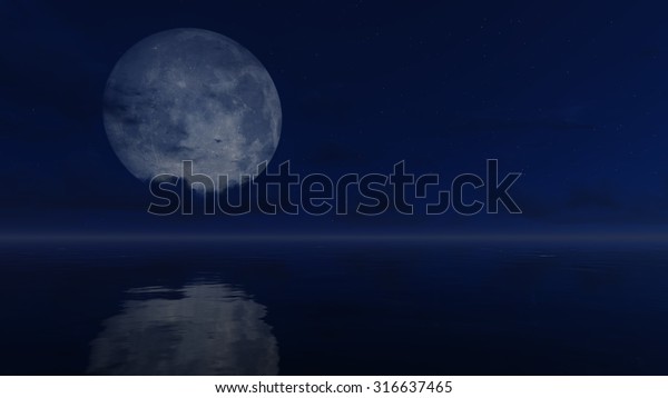 Cloudy night sky with a big full moon above mirror\
water surface. Realistic 3D illustration was done from my own 3D\
rendering file.
