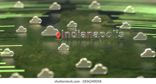 Cloudy Weather Icons Near Indianapolis City On The Map, Weather Forecast Related  3D Rendering