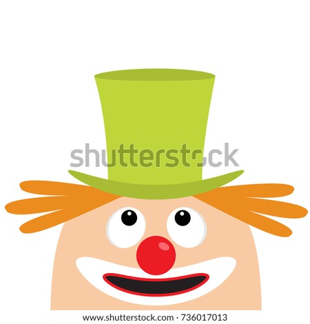 Clown face head looking up. Big eyes, red nose, mouth smile, orange hair. Magician hat. Cute cartoon funny baby character. Circus symbol. Flat design. White background. Isolated.