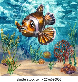 Clown Fish
 At The Bottom Of The Ocean Surrounded By Sea Creatures And Plants. Watercolor Drawing.