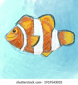 Clown Fish Drawing Blue Background