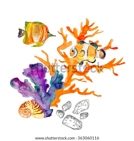 clownfish in marine aquarium. Watercolor