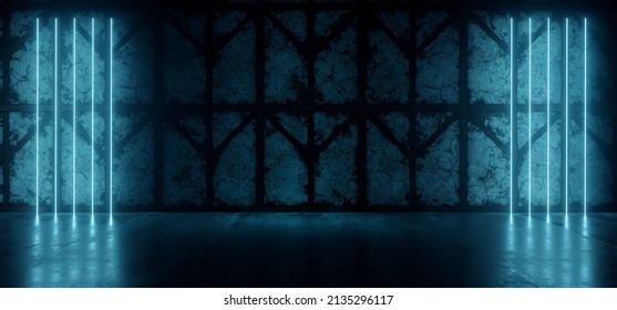 Club Neon Blue Laser Stage Podium Spotlight Glowing Blue Lights On Rough Grunge Wood Barn Stone Concrete Cement Glossy Floor Dark Hangar Tunnel Corridor 3D Rendering Illustration