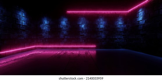 Club Neon Blue Purple Laser Stage Podium Spotlight Glowing Blue Lights On Rough Grunge Wood Barn Stone Concrete Cement Glossy Floor Dark Hangar Tunnel Corridor 3D Rendering Illustration